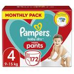 Pampers Pantaloni per pannolini per bambini, taglia 4 (9-15 kg/9,1-15 kg), asciugatura per bambini, 172 pannolini, confezione mensile, con tasca di arresto e protezione per evitare perdite sul retro