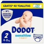 Dodot Pannolini per bambini Sensitive taglia 2 (4-8 kg), 240 pannolini + 1 confezione da 40 salviettine gratuite per la cura totale Aqua, ottima protezione della pelle di Dodot, confezione mensile