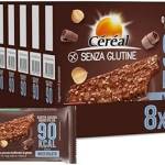 Céréal Nocciolato, Barrette senza Glutine con Cereali e Cioccolato, Snack Gustoso e Ricco di Fibre con solo 90 calorie per Biscotto, Pack di 8 confezioni da 5 barrette (8 x 5, 90 gr)