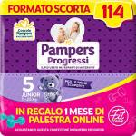 Pampers Progressi & Fit Prime Junior, Formato Scorta, 114 Pannolini, Taglia 5 (11-25 Kg), 1 mese di palestra online in omaggio